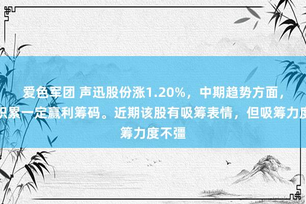 爱色军团 声迅股份涨1.20%，中期趋势方面，下方积累一定赢利筹码。近期该股有吸筹表情，但吸筹力度不彊